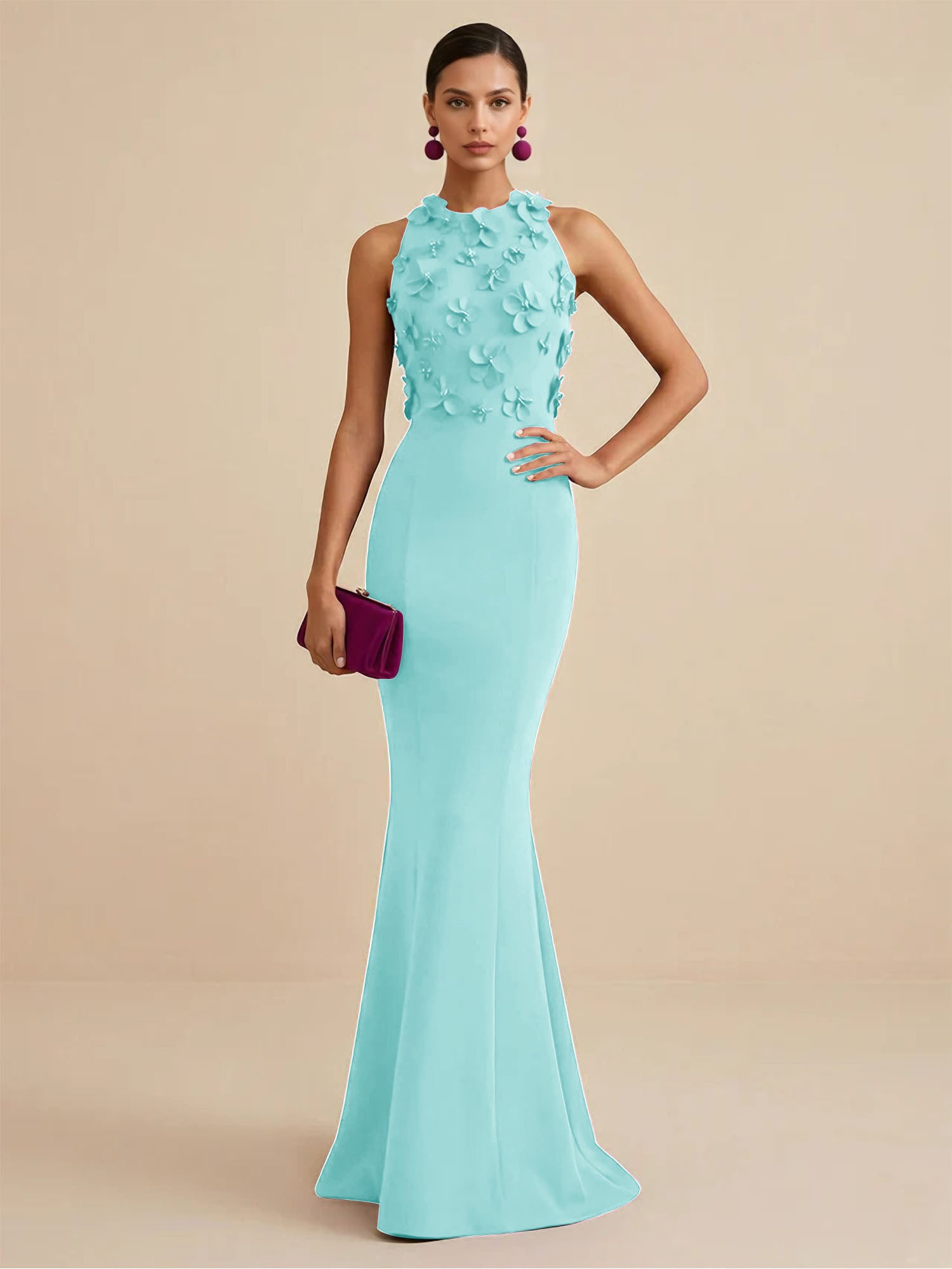 Deep Fuchsia Sleeveless High Neck 3D Floral Mermaid Formal Gown Evening Dress