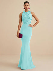 Deep Fuchsia Sleeveless High Neck 3D Floral Mermaid Formal Gown Evening Dress