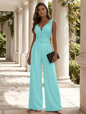Women Pink Lace Deep V Neck Sleeveless Dressy Jumpsuit