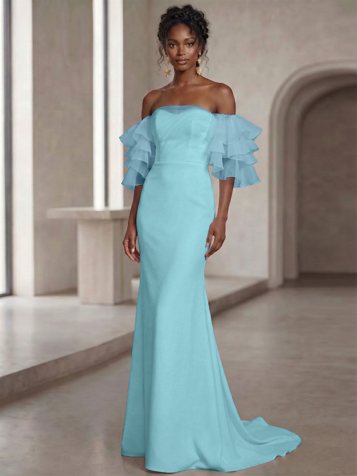 White Mermaid Off the Shoulder Ruffled Long Wedding Reception Dress
