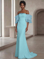 White Mermaid Off the Shoulder Ruffled Long Wedding Reception Dress