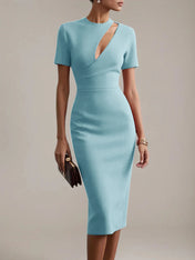 Red Sheath/Column Stretch Crepe Scoop Neck Short Sleeves Tea Length Dresses