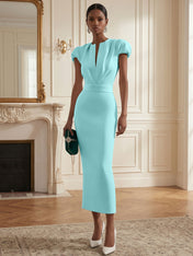 White Ruched Classic Notched Short Sleeve Puff Sleeve Sheath Midi Dress