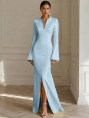 Formal Yellow V Neck Long Sleeves Floor Length Dress With Slit