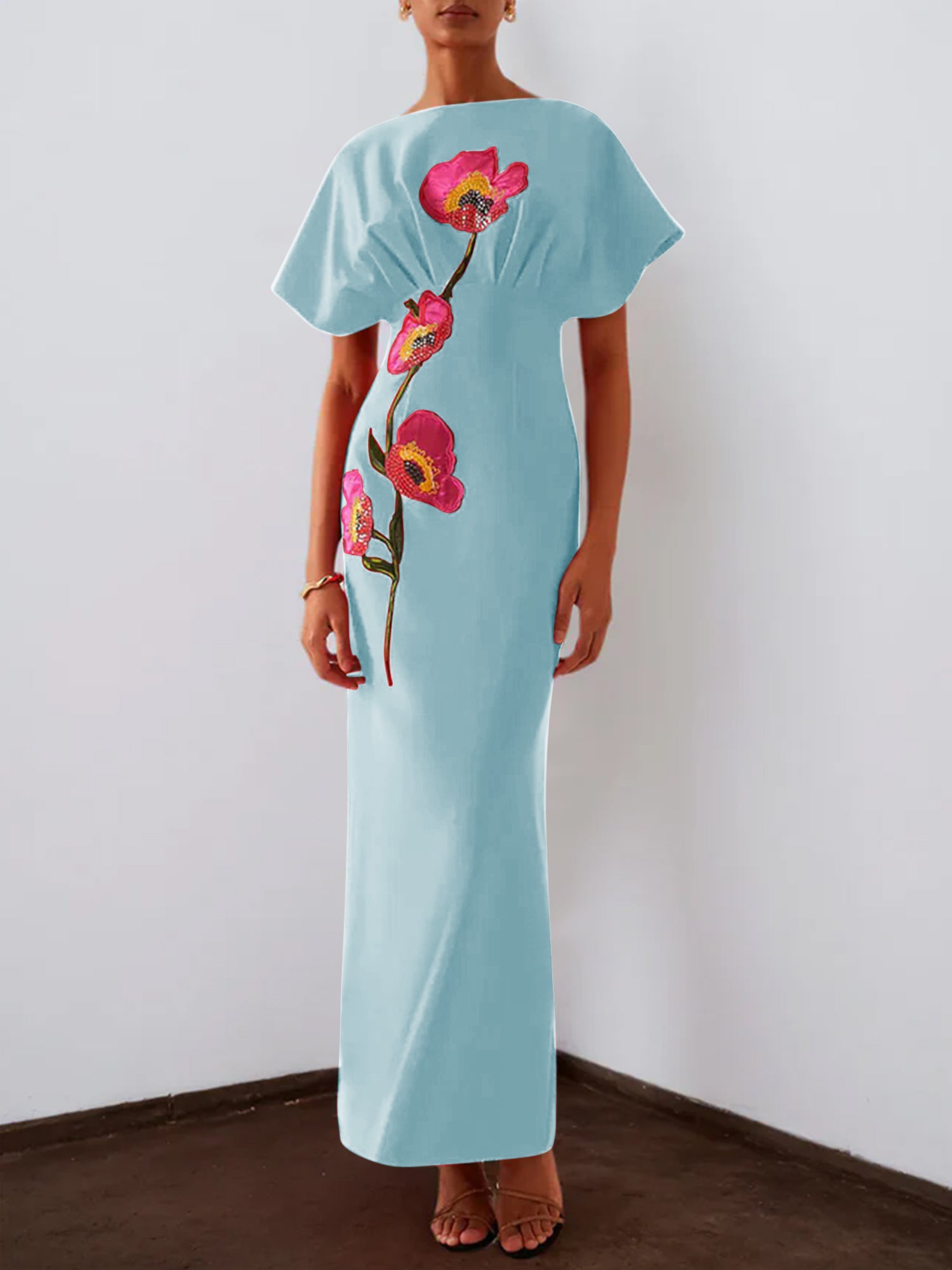 Red 3D Floral Appliqué Boat Neck Short Sleeve Backless Sheath Maxi Dress