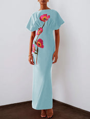 Red 3D Floral Appliqué Boat Neck Short Sleeve Backless Sheath Maxi Dress