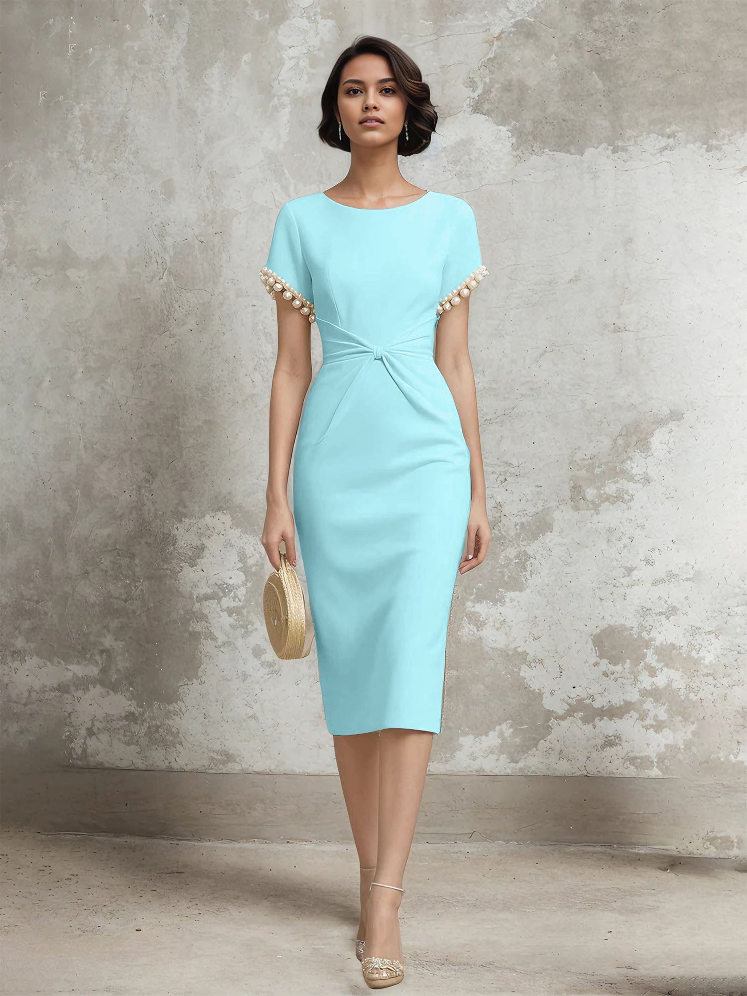 Column Short Sleeve Tea Length Dress With Pearls