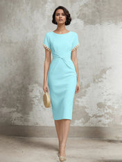 White Stretch Crepe Sheath/Column Short Sleeve Tea Length Dress With Pearls