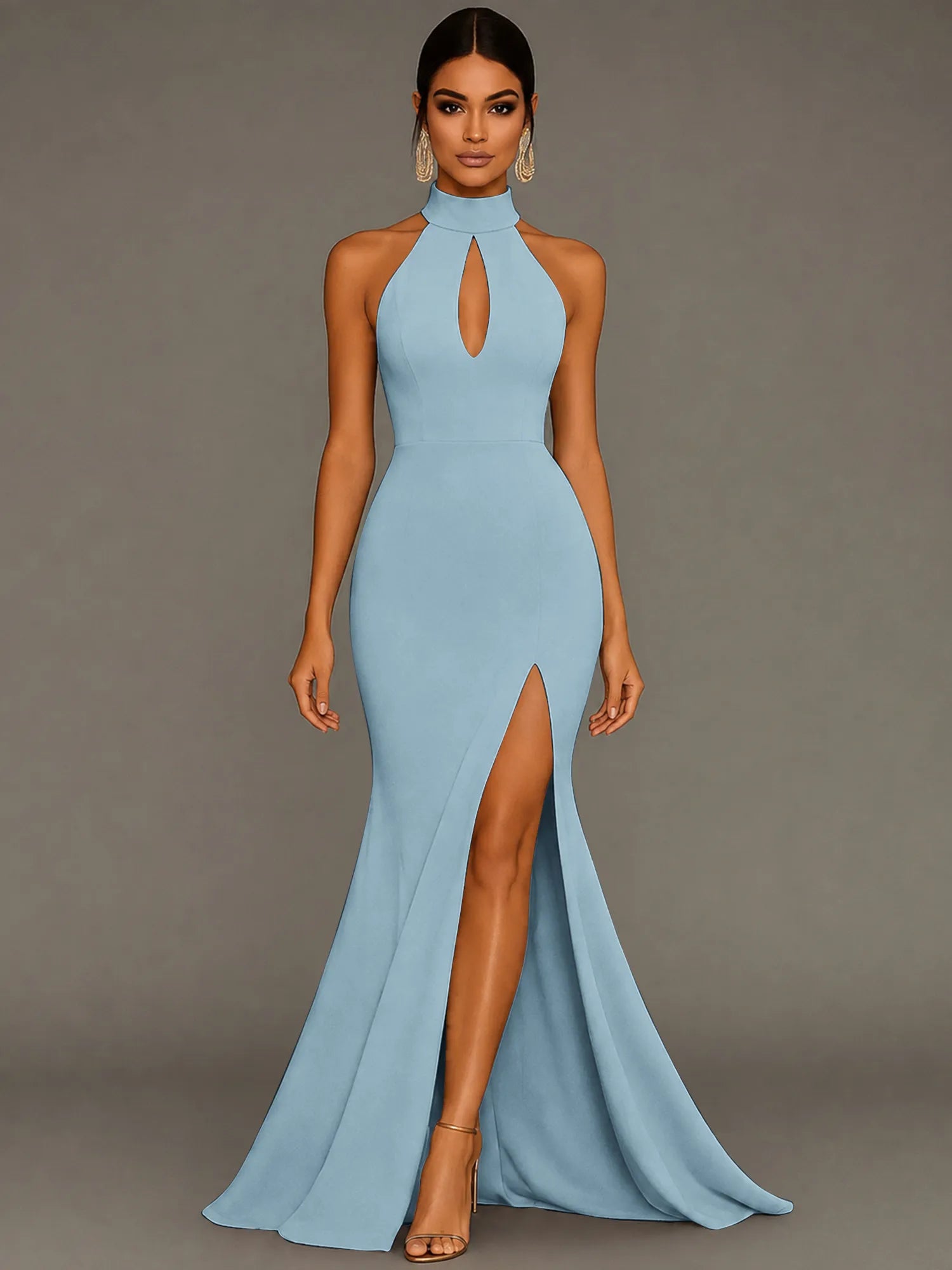 Mermaid Halter Neck Satin Formal Dress with Slit