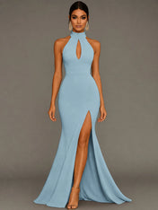 Mermaid Halter Neck Satin Formal Dress with Slit