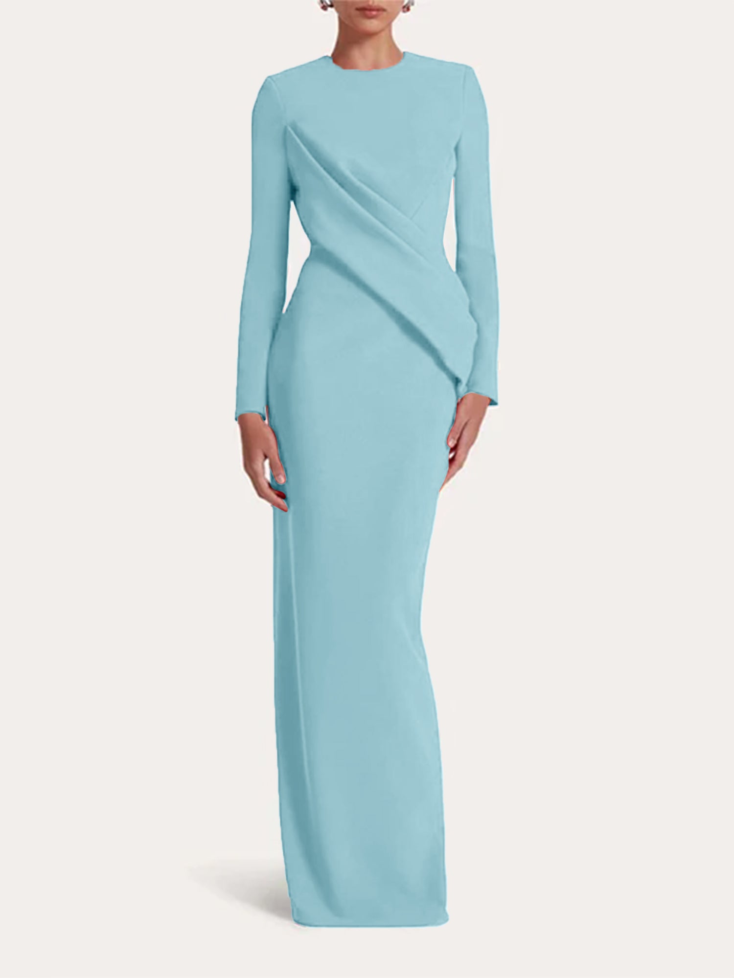 Red Sheath/Column Scoop Long Sleeves Chiffon Floor-Length Ruffles Formal Dress
