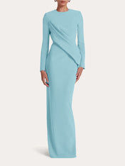 Red Sheath/Column Scoop Long Sleeves Chiffon Floor-Length Ruffles Formal Dress