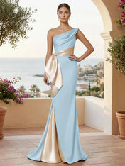 One Shoulder Mermaid Satin Pleat Evening Dresses with Bow