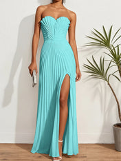 Pleated Classic Strapless Sleeveless A-Line Maxi Dress