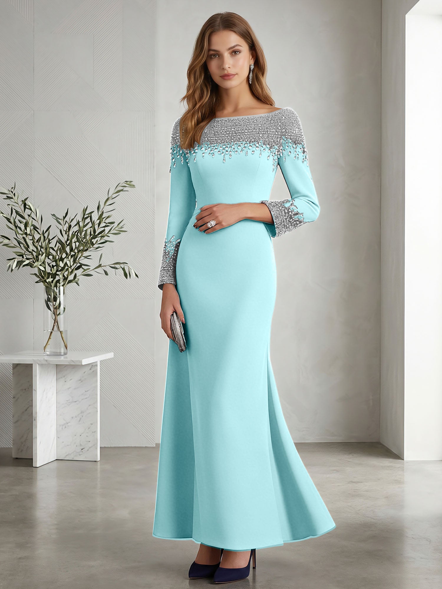 Formal Evening Dress Midnight Navy Velvet Long Sleeves Maxi Dress with Crystal