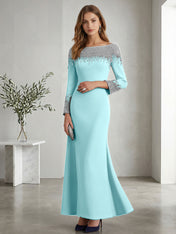 Formal Evening Dress Midnight Navy Velvet Long Sleeves Maxi Dress with Crystal