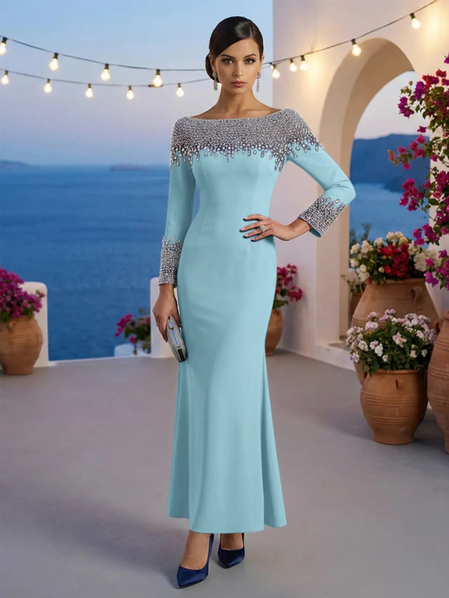 Formal Evening Dress Blue Velvet Long Sleeves Maxi Dress with Crystal