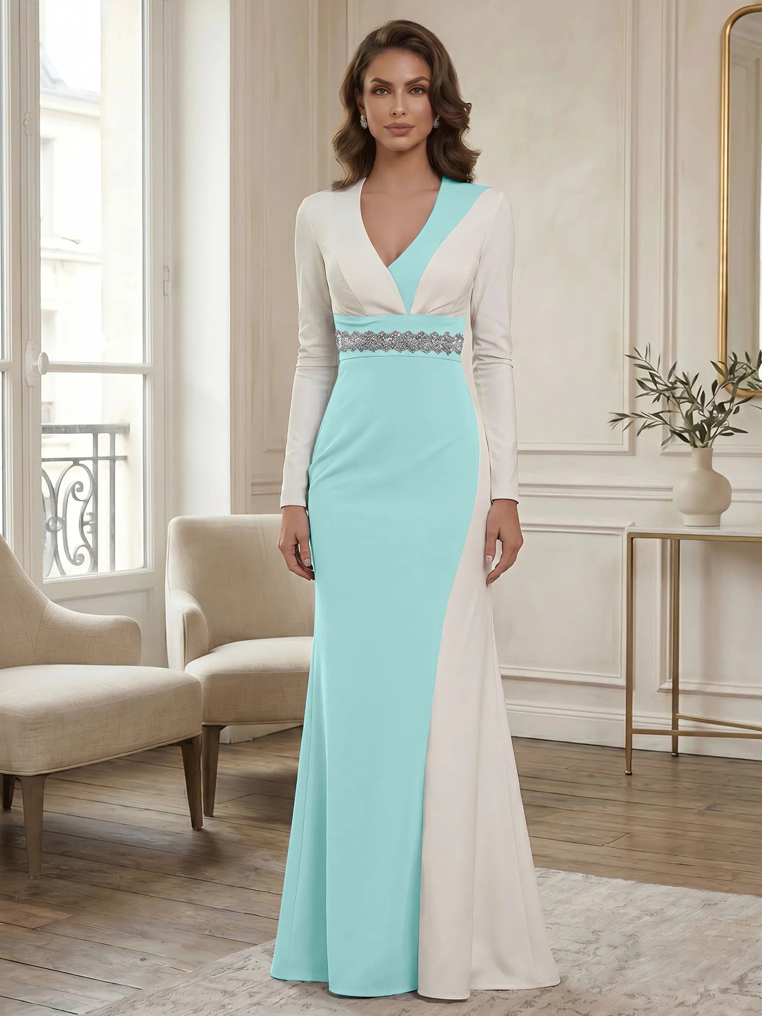 Elegant Navy & White Color-Block Long Sleeve Floor-Length Evening Gown Formal Dresses