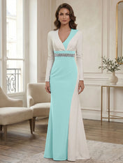 Elegant Navy & White Color-Block Long Sleeve Floor-Length Evening Gown Formal Dresses