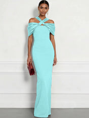 Regal Plum Crepe Column Gown with Satin Criss-Cross Halter Maxi Dress