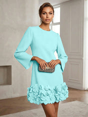 Powder Blue 3D Floral Classic Crew Neck Bell Long Sleeve Shift Mini Dress