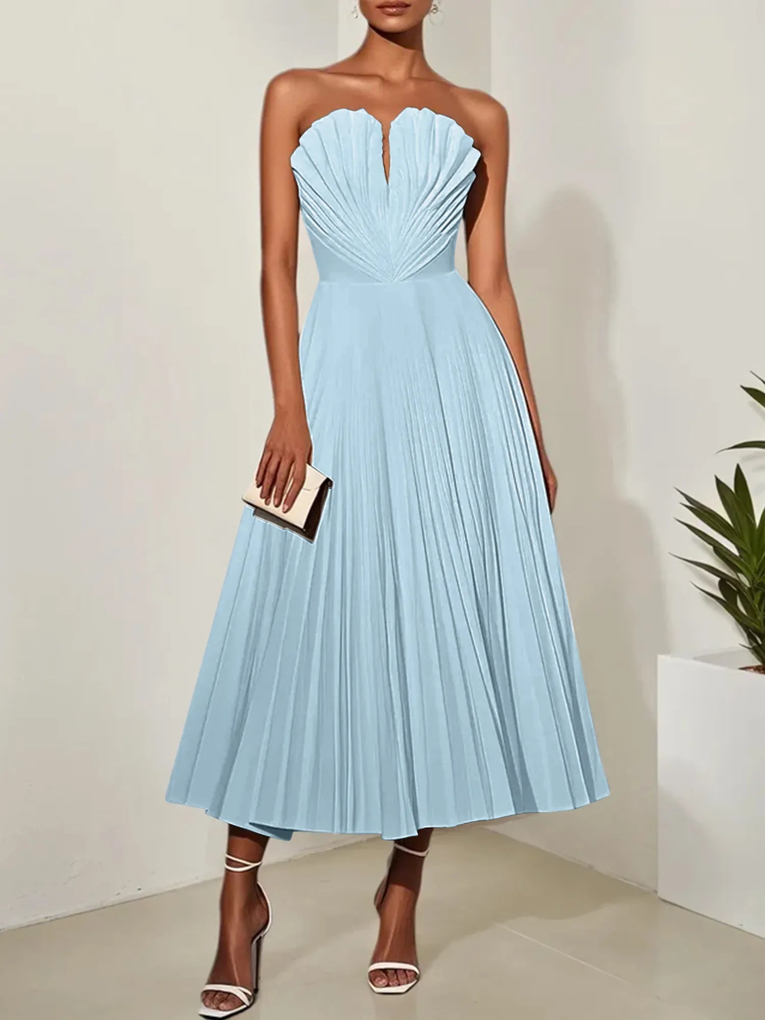 White Pleated Classic Strapless Sleeveless A-Line Midi Dress