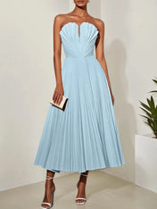 White Pleated Classic Strapless Sleeveless A-Line Midi Dress