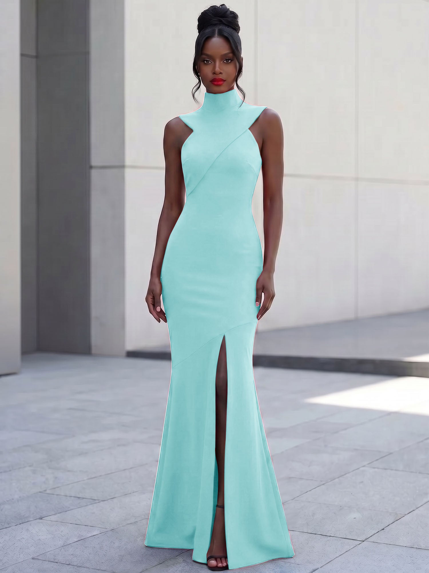 High-Neck Cross-Bodice Sleeveless Maxi Dress