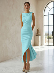 Elegant Formal Evening Gown Butter Yellow Ruched Asymmetrical Midi Dress