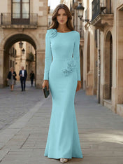 Elegant Pure White Formal Evening Dress Long-Sleeve 3D Floral Crepe Maxi Dress Gown