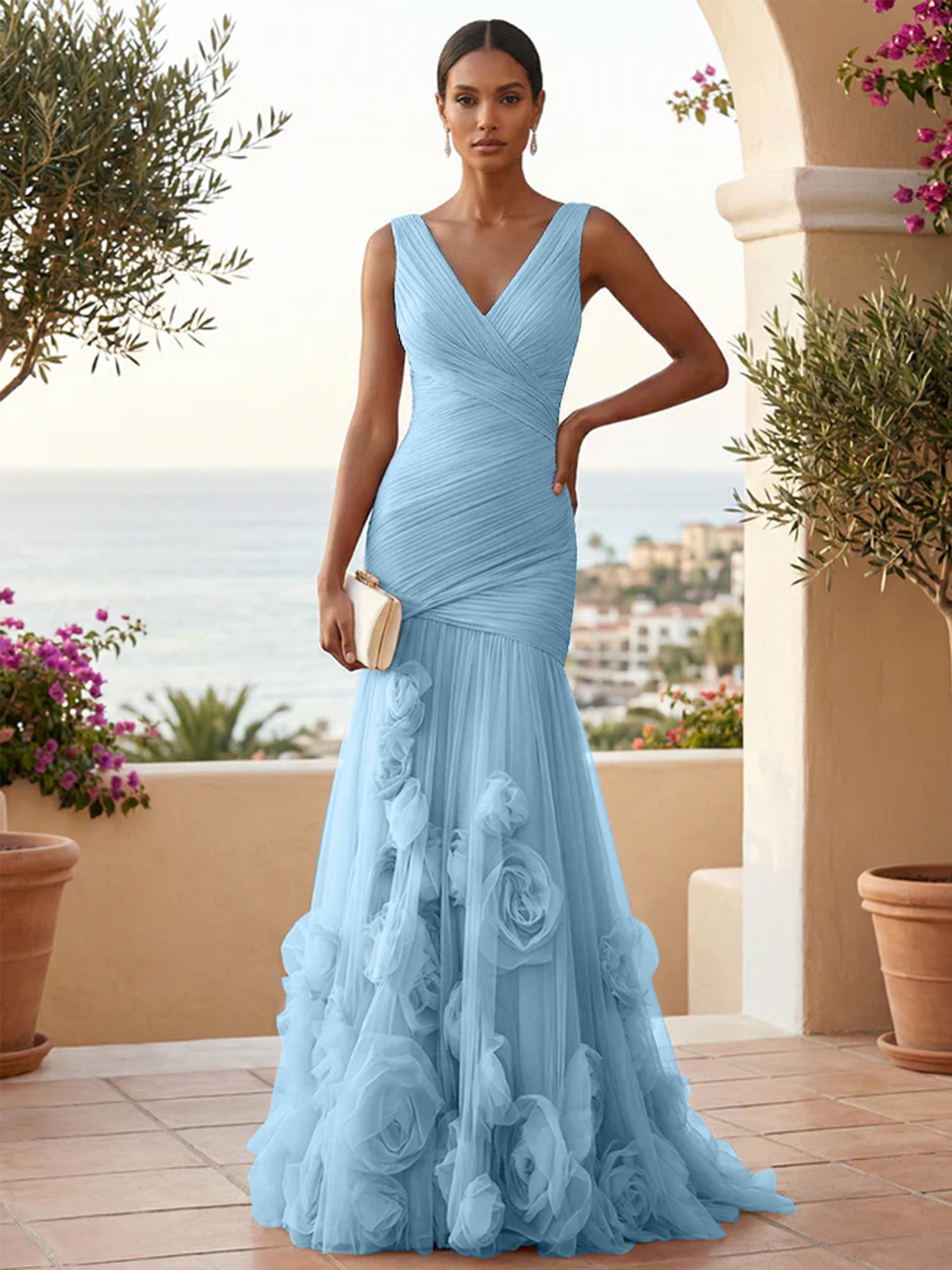Sweetheart Tulle V Neck Pleat Mermaid Evening Dresses with 3D Flower