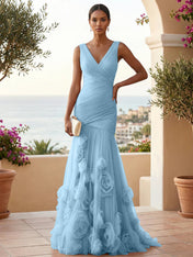 Sweetheart Tulle V Neck Pleat Mermaid Evening Dresses with 3D Flower
