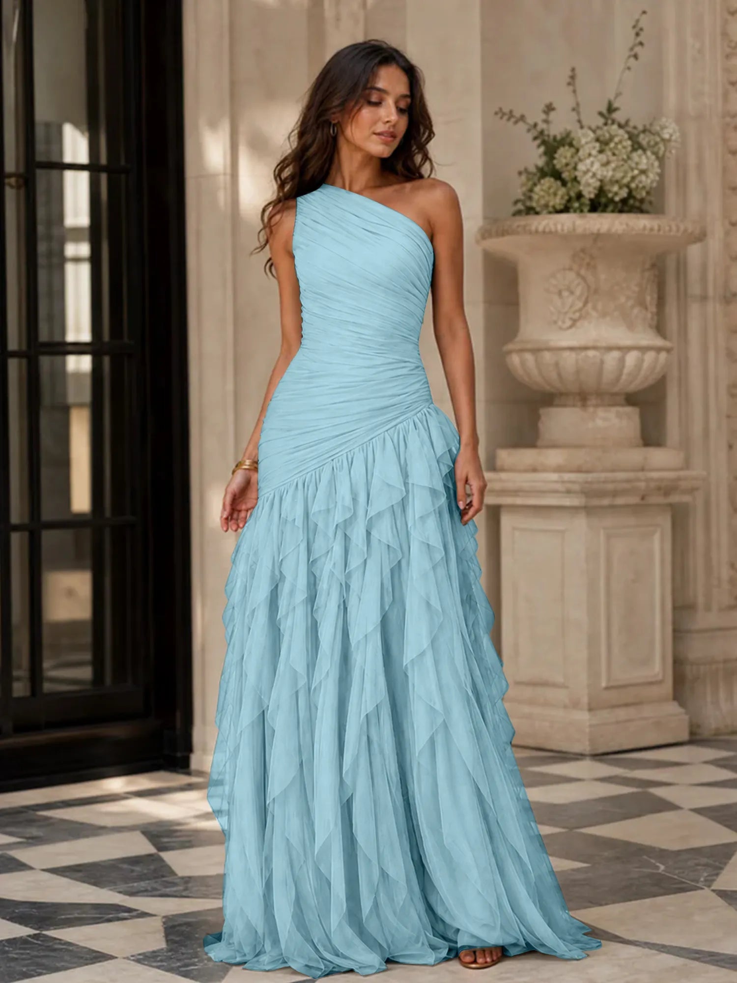 Emerald Green One-Shoulder Ruched Asymmetric Ruffle Chiffon Floor-Length Gown Dress