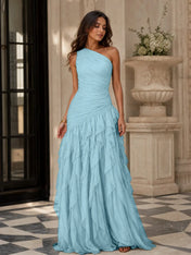 Emerald Green One-Shoulder Ruched Asymmetric Ruffle Chiffon Floor-Length Gown Dress