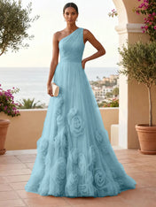 One-Shoulder Sweetheart Tulle Ball Gown with 3D Floral Accents Evening Dresses