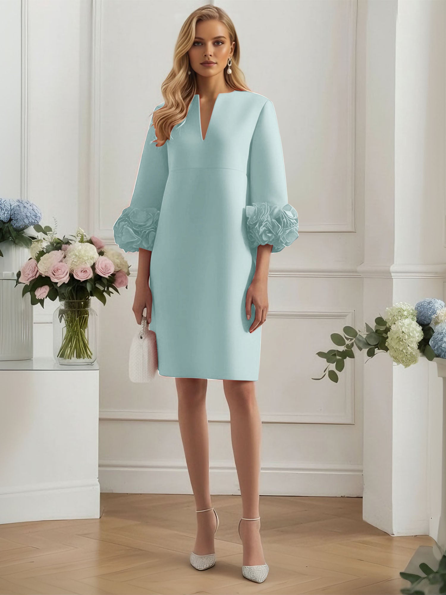 3D Floral Classic Notched Long Sleeve A-Line Midi Dress