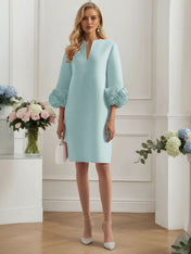 3D Floral Classic Notched Long Sleeve A-Line Midi Dress