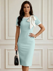 Powder Blue Bow Short Sleeve Sheath Midi Dress Gown