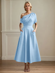 A Line Satin One Shoulder Pleated Ankle Length Mother of the Bride Dress