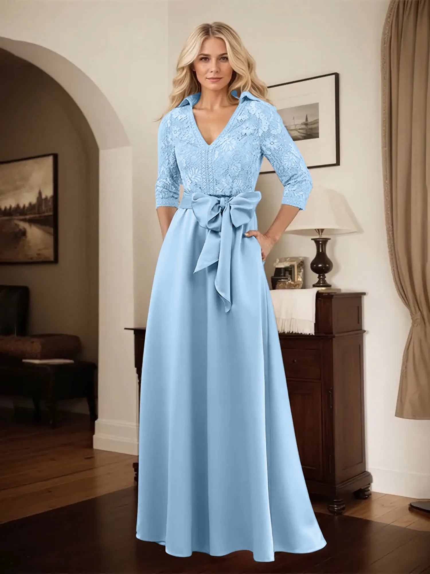 Classic V-Neck Bow Accented Satin Mother Of The Bride Dress With Lace
