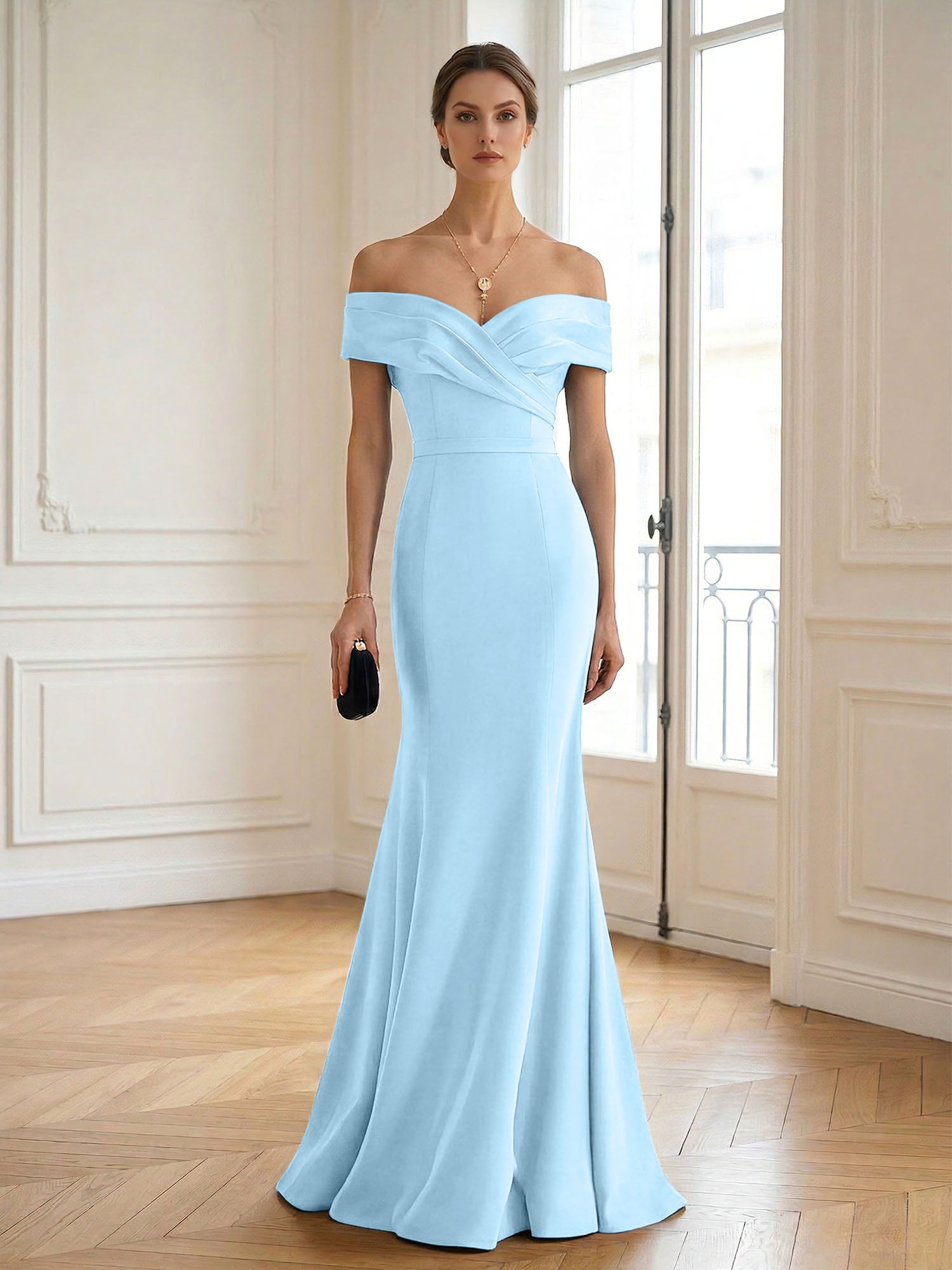 Formal Wedding Guest Dress Navy Off Shoulder Maxi Mermaid Dress