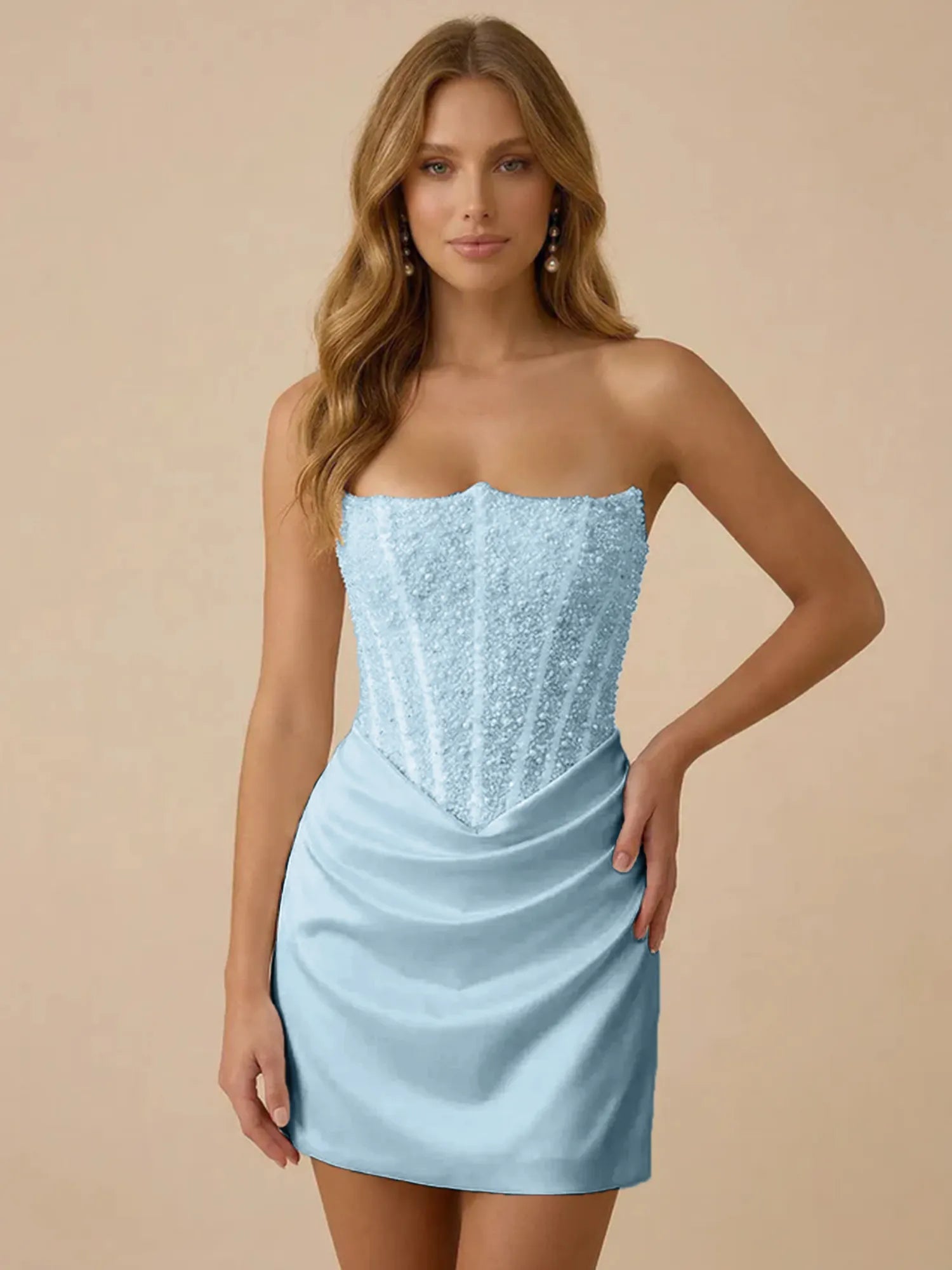 White Strapless Sequin Beaded Satin Short Homecoming Dress with Corset