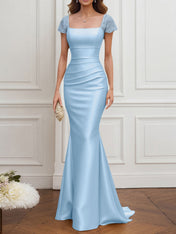 Mother of the Bride Dress Champagne Satin Square Neck Maxi Dress