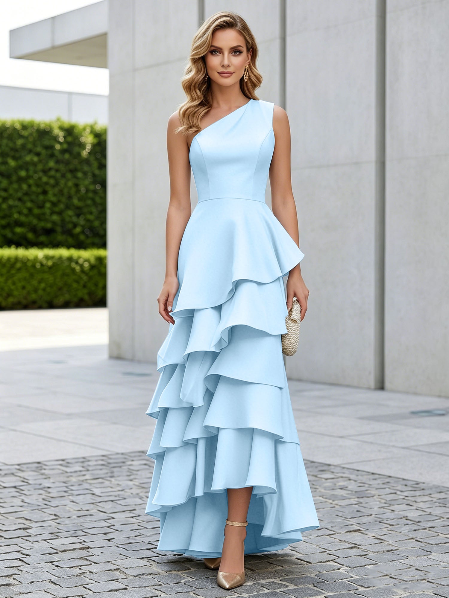 One Shoulder Tiered Ruffle Satin Mermaid Evening Gown with Sculptural Layers