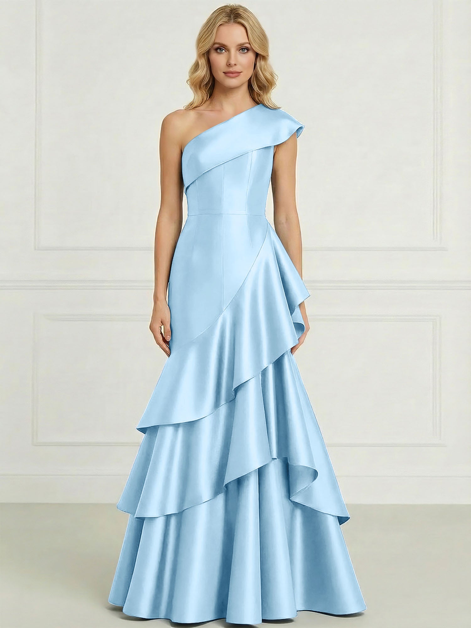 Formal Evening Dress Dark Blue One-Shoulder Satin Tiered Maxi Gown