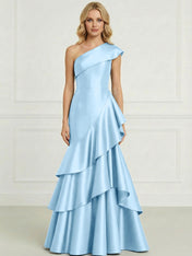 Formal Evening Dress Dark Blue One-Shoulder Satin Tiered Maxi Gown