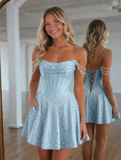 Strapless Pearl Draped Corset A-Line Short Homecoming Dresses