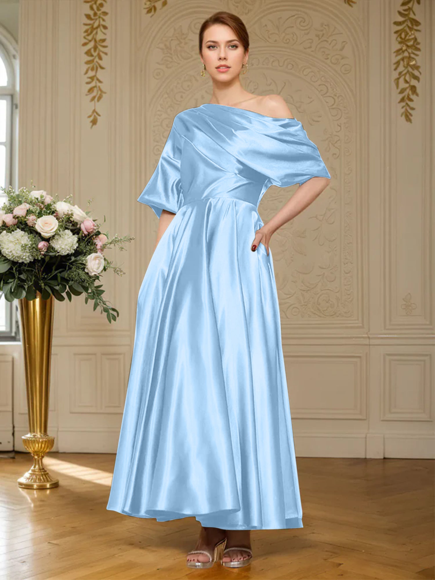A-line Short Sleeves Pleated Ankle-Length Silk like Satin Mother of the Bride Dress