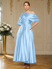 A-line Short Sleeves Pleated Ankle-Length Silk like Satin Mother of the Bride Dress