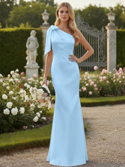 Light Blue One Shoulder Satin Sheath Long Bridesmaid Dresses